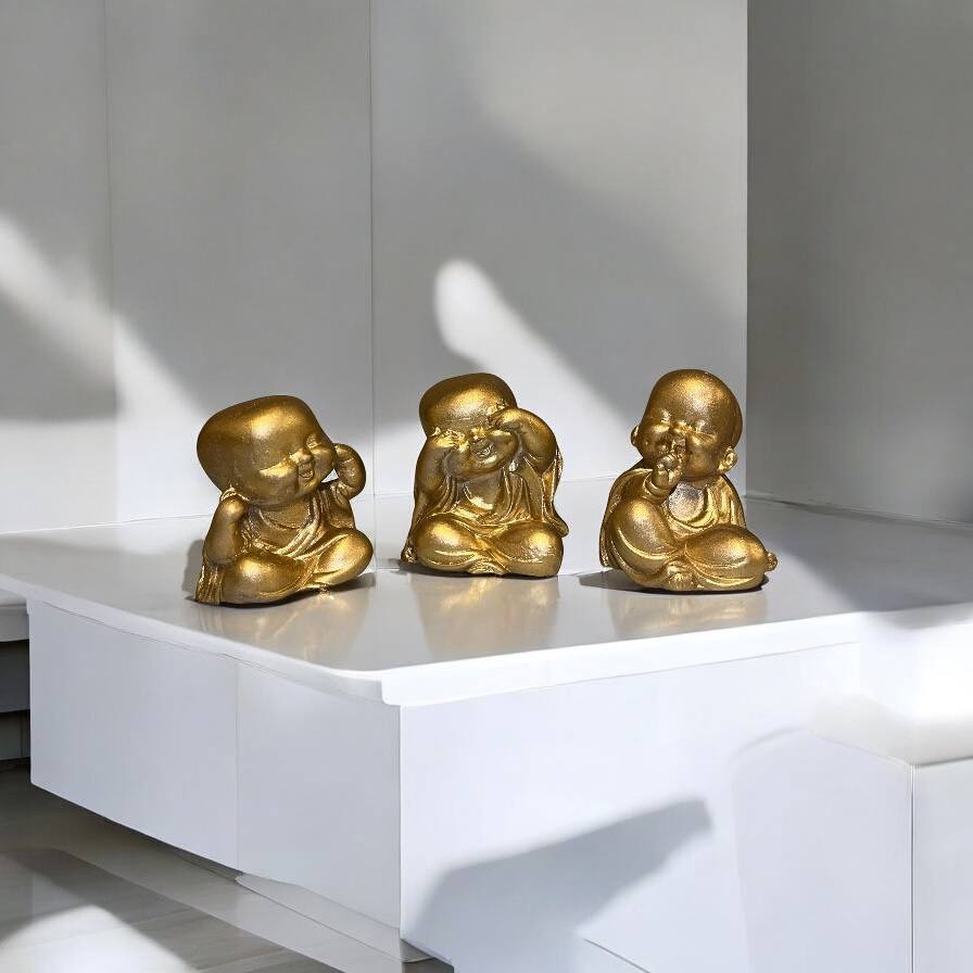 Trio Decorativo Budas da Prosperidade – Estilo Moderno e Sofisticado para Sala, Quarto ou Casa