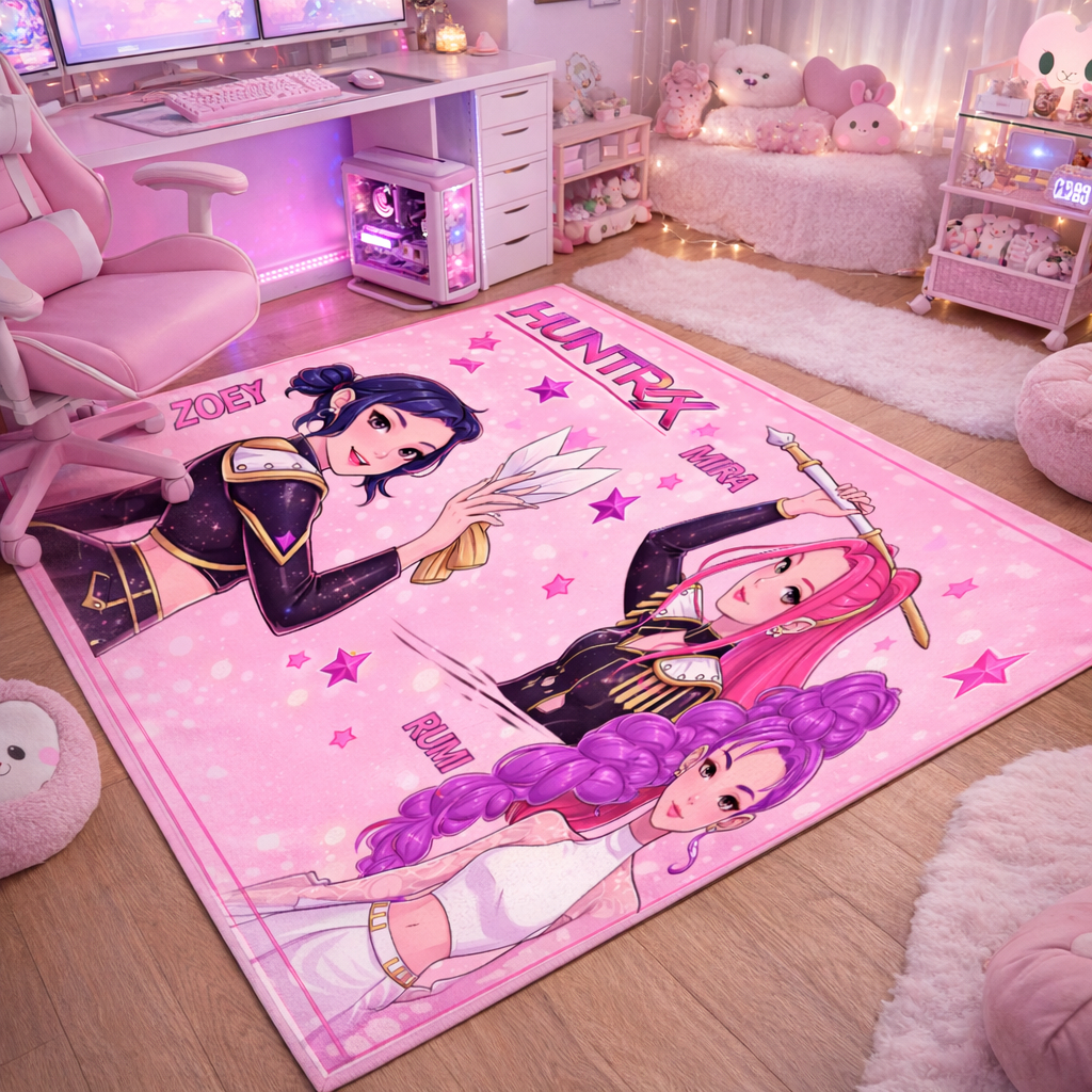 TAPETE DECORATIVO INFANTIL GUERREIRAS DO KPOP HUNTRIX AVELUDADO TAMANHO 140X100