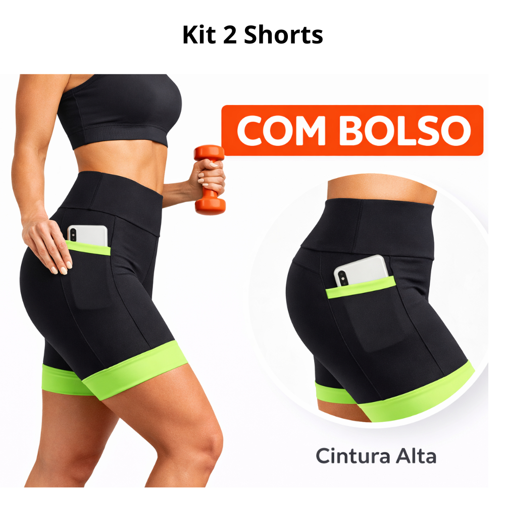 Kit 2 Shorts  Academia Feminino Suplex com Bolso Lateral Cintura Alta Zero Transparência