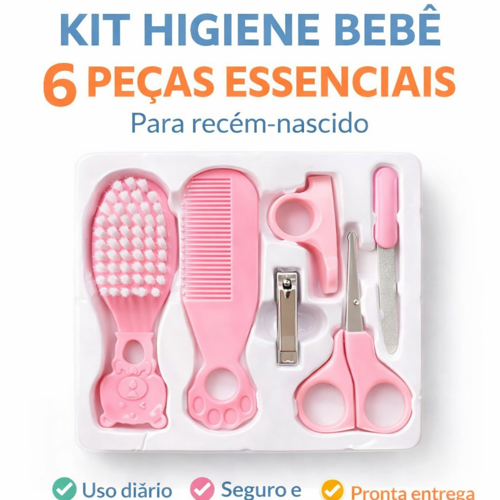 Kit Higiene Bebê Rosa Menina 6 Peças Escova Pente Tesoura Maternidade Recém Nascido