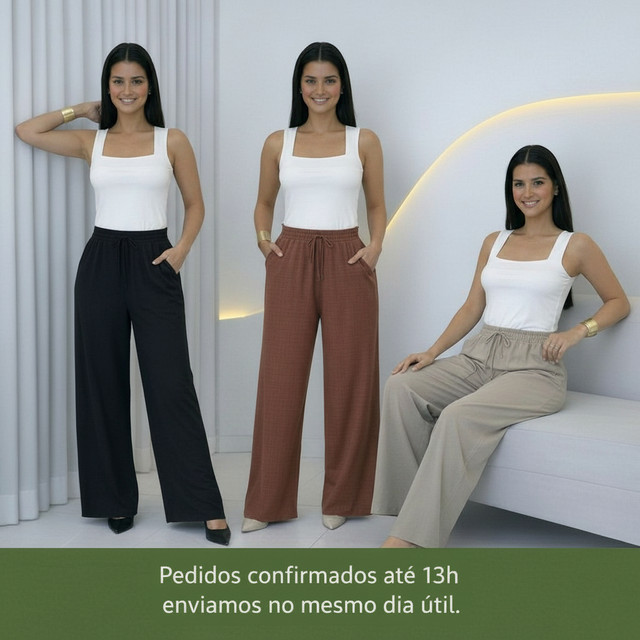 Calça Pantalona Duna Básica Lisa Com Bolso