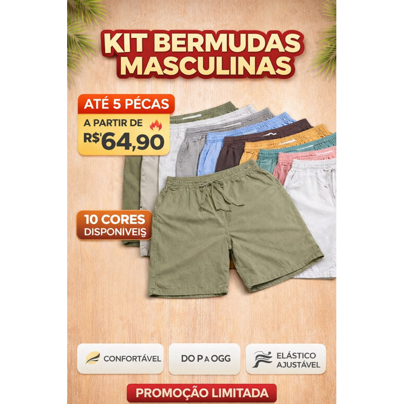 Short Bermuda mauricinho Masculina kit 2 3 4 5 Peças De Sarja Confortável Qualidade Promoção  do P ao GG