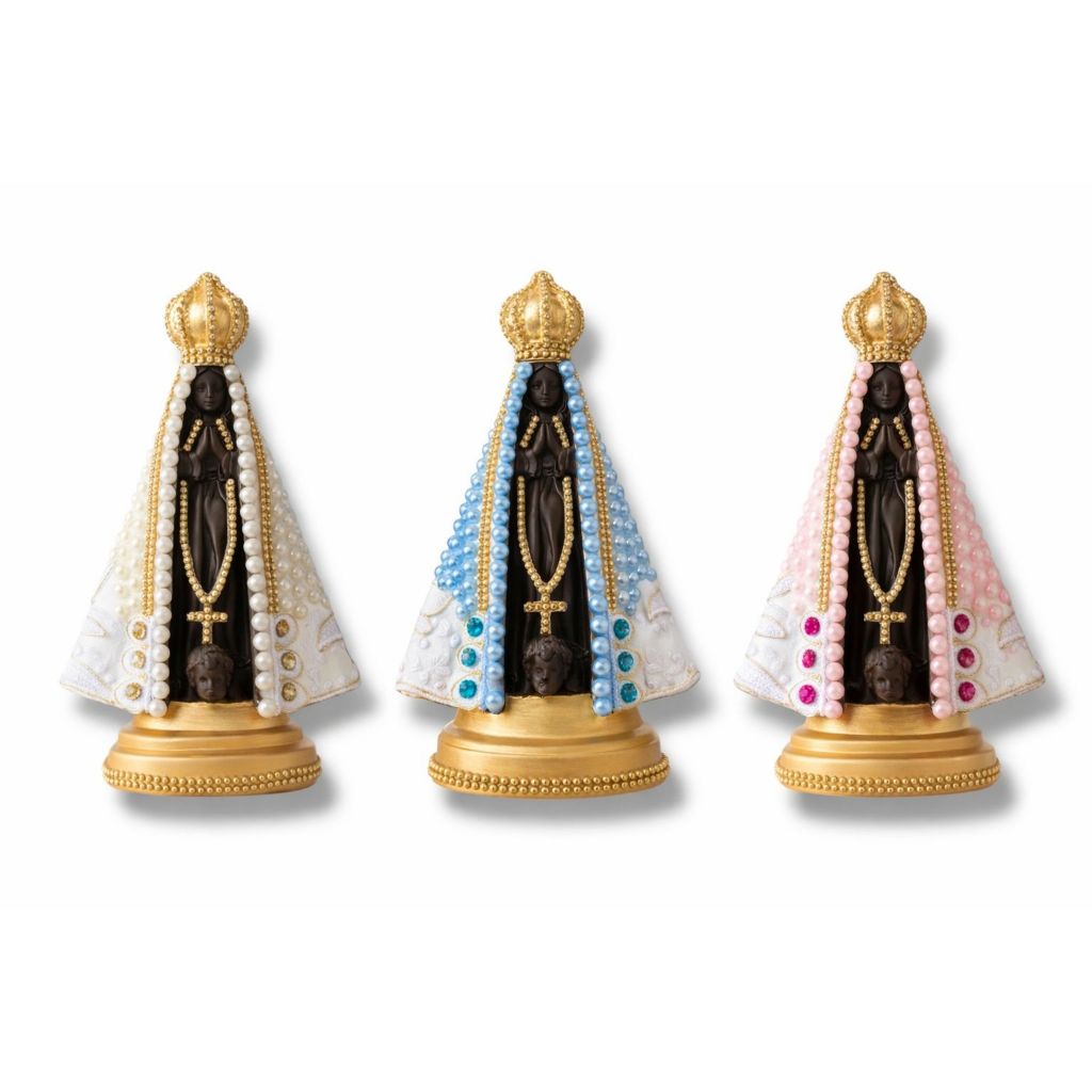 Imagem de Nossa Senhora Aparecida 23cm Frente Marrom Pérola Strass Pedraria de Gesso