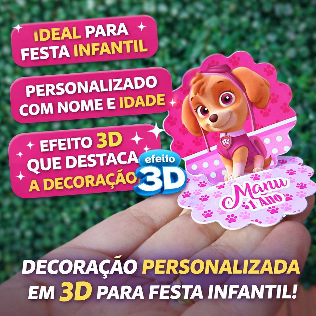 Aplique 3D Personalizado Skye Patrulha Canina | Latinha e Caixa Acrílica 5x5 | Lembrancinha Festa Infantil