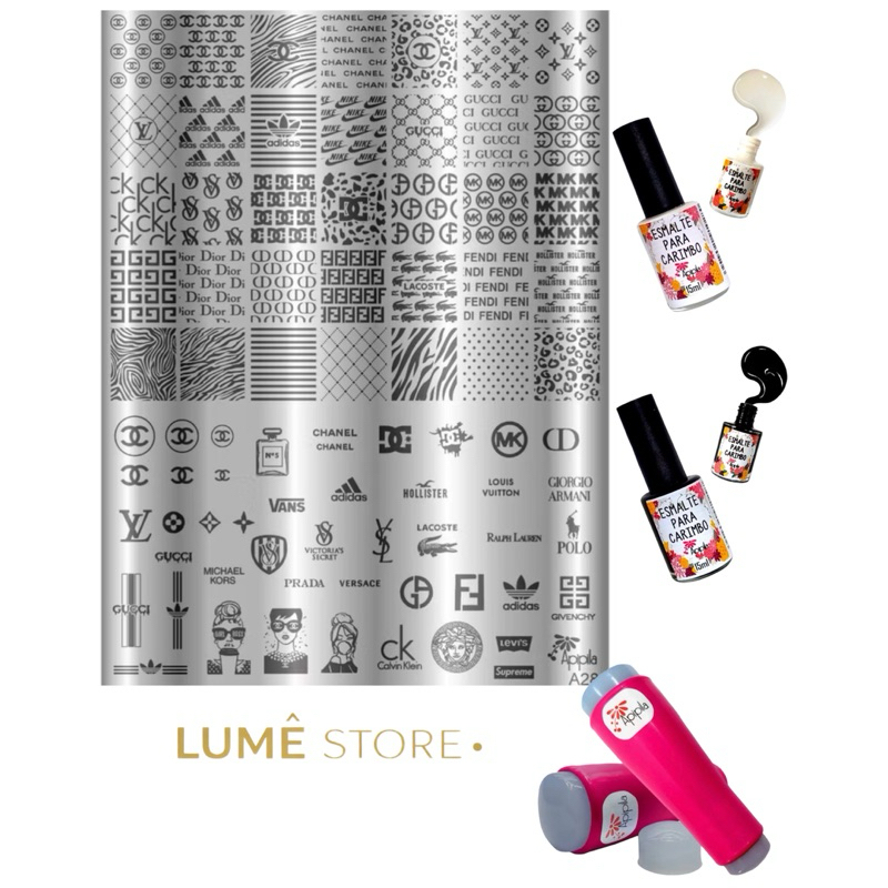 Kit Placa Carimbo de Unhas Multimarcas + Carimbo Duplo + Esmalte Preto e Esmalte Branco para Carimbo Apipila para Manicu