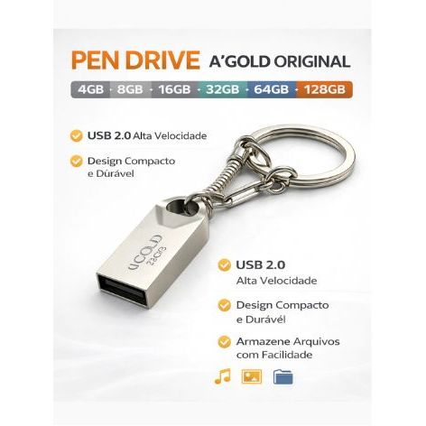 Mini Pendrive A GOLD  Original – Chaveiro Metálico USB 2.0 (4GB a 128GB) 🔑💾