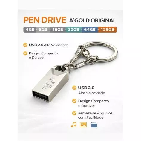 Mini Pendrive A GOLD Original – Chaveiro Metálico USB 2.0 (4GB a 128GB) 🔑💾