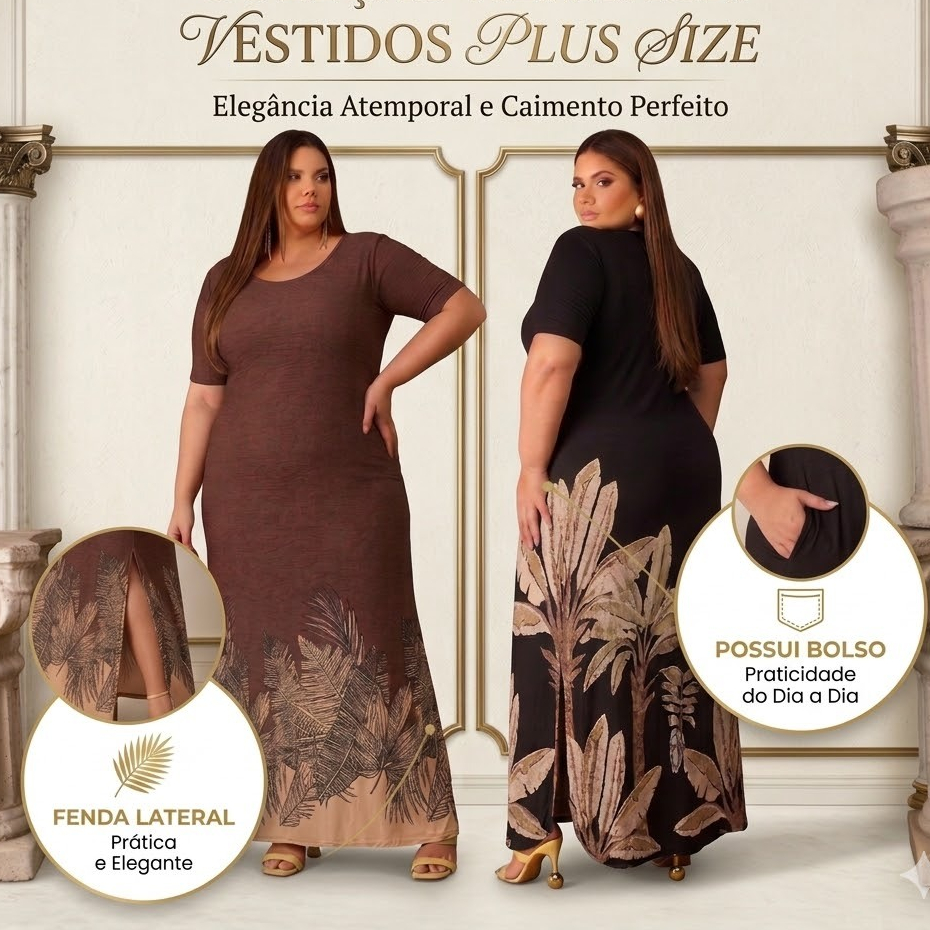 Vestido Longo Evangélico Culto Plus Size 44 ao 58  Estampa Barrada Elegante Com BolsoFenda Lateral