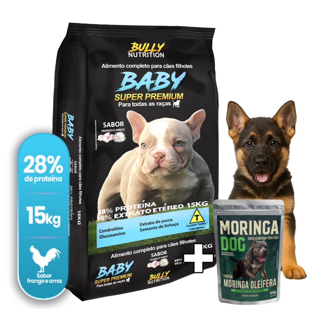 Ração Cães Filhotes Pastor Alemão Baby Super Premium 15Kg+Ganhe Moringa Dog 60g|Crescimento Saudavel