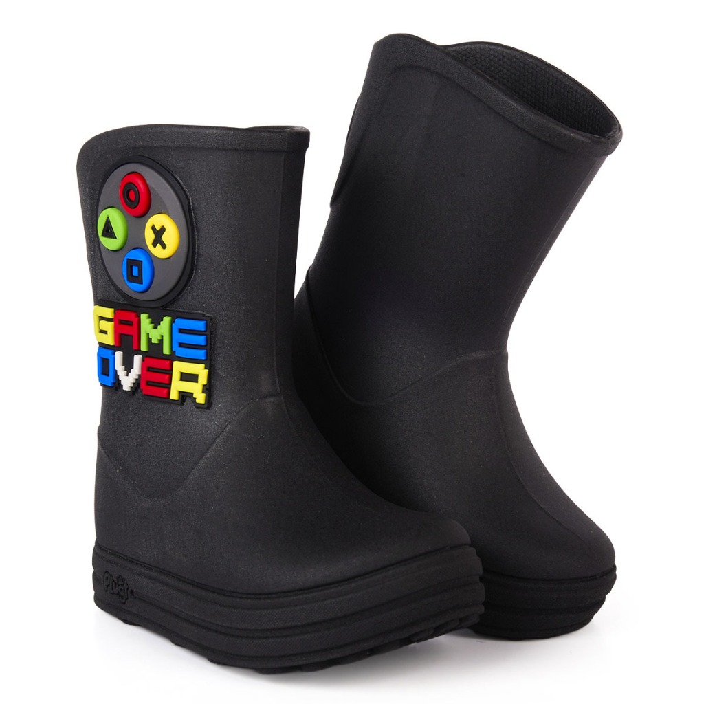 Galocha Infantil Acqua Plugt Game Over Preto Marinho Impermeável Confortável Antiderrapante Moderno