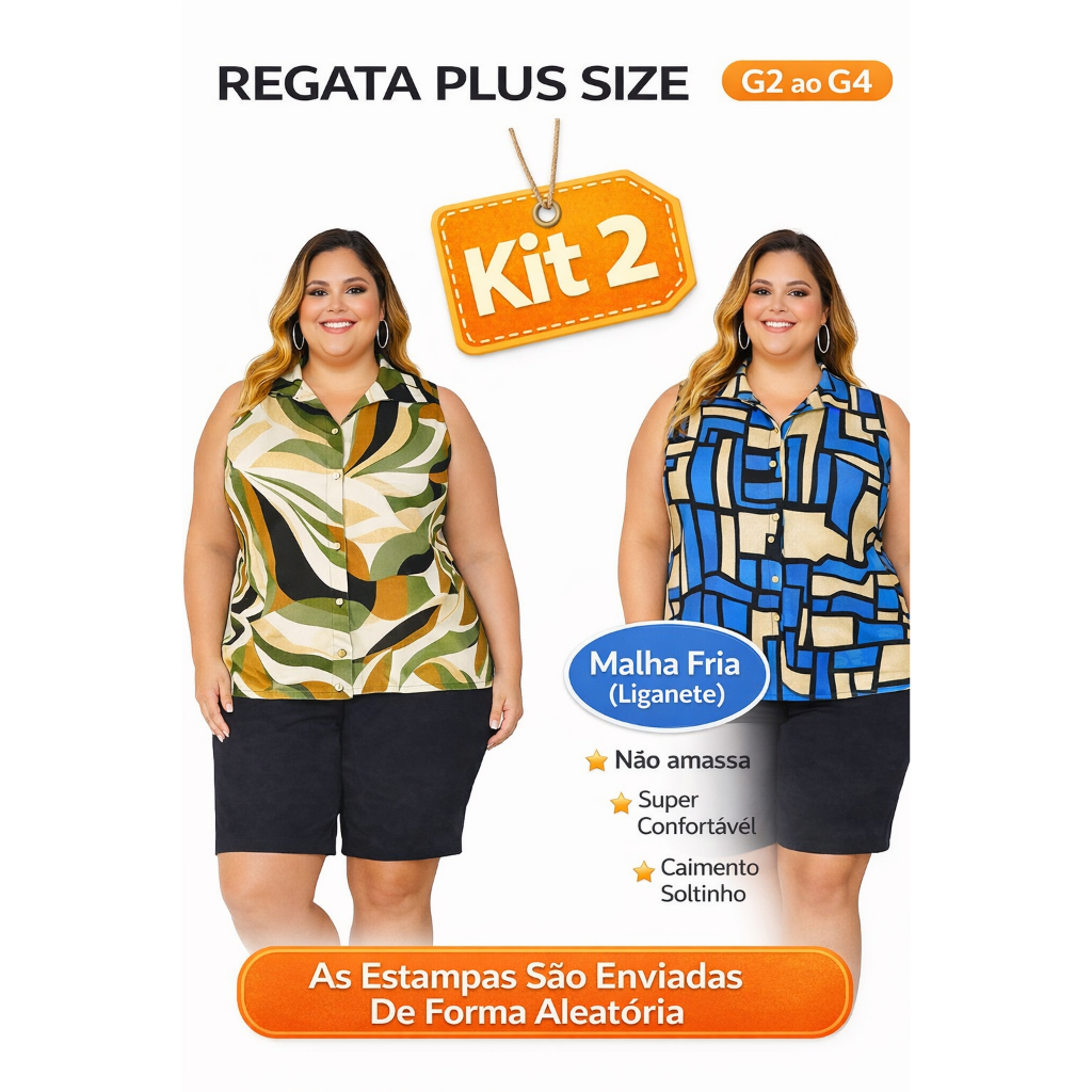 Kit 2 Regata Feminina Plus Size G2 ao G4 Não Amassa Malha Fria Caimento Soltinho Confortável Estampa Aleatória