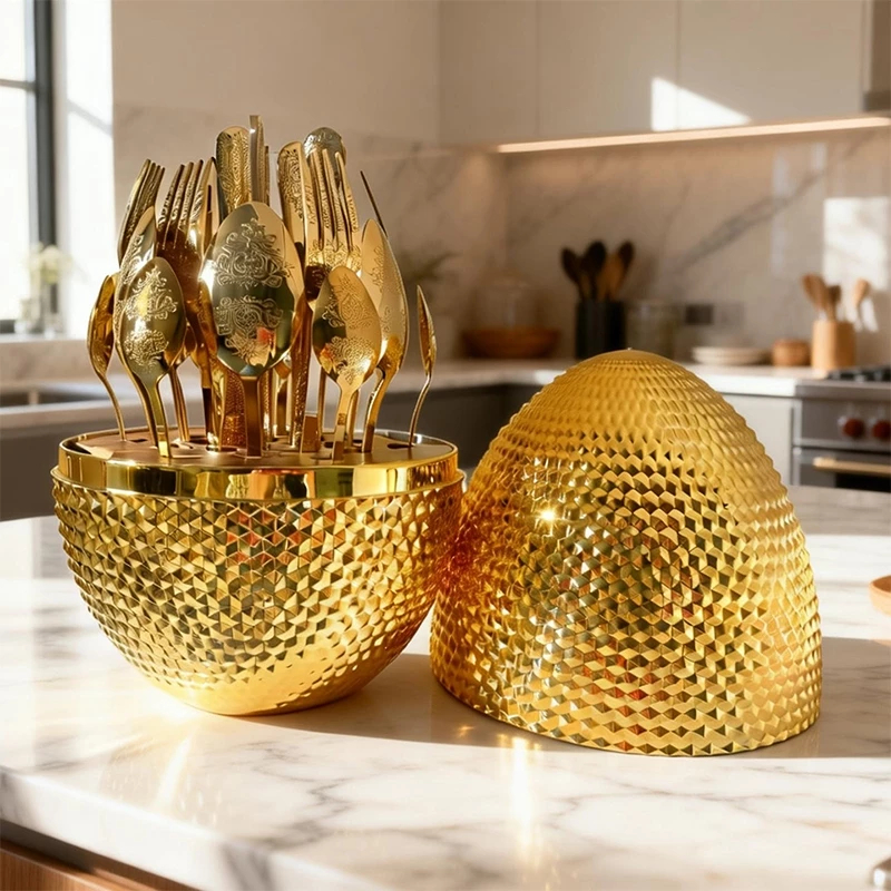 Kit Jogo De Talheres Em Aço 410 Inoxidável 24 peças, Dourado Faqueiro, Super Resistente, Formato Ovo de Ouro em Oferta na Shopee