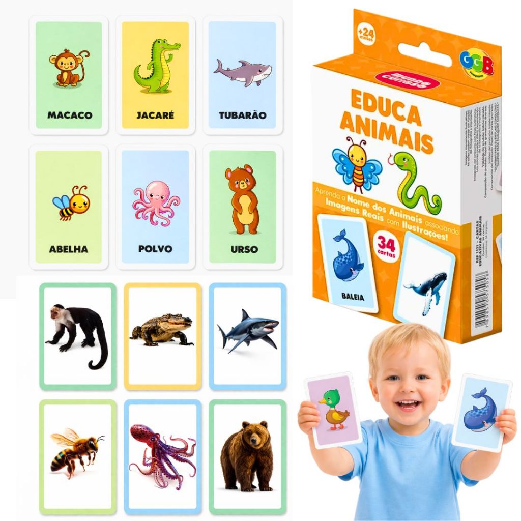 Jogo Educativo Conhecendo os Animais 34 Cartas Com Ilustrações Animais da Safana Floresta Fazenda Oceano Imagens Grandes