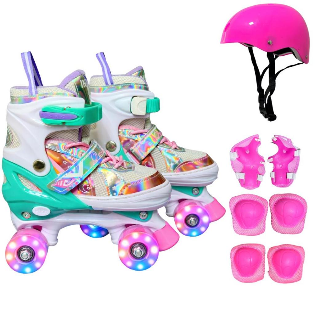 Patins Quad Arco Íris Rainbowstars com LED em todas as rodinhas + KIT PROTEÇÃO + BOLSA TOP!