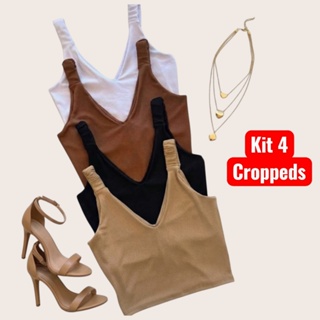 kit 4 Cropped Feminino com Alça Larga Decote V Forro Duplo Blusa Básica Elegante Tecido Canelado em Oferta na Shopee