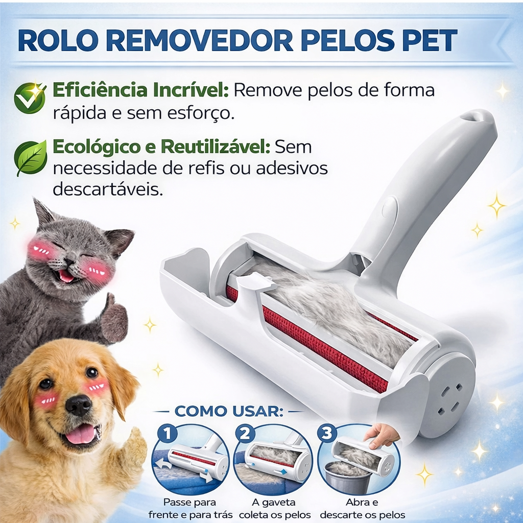 Rolo Tira Pelos Pet Reutilizável Removedor Pelos Cachorro Gato Sofa Roupa Moveis Limpeza