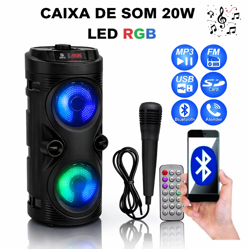 Imagem Caixa Som Bluetooth Microfone Portatil Torre Preta Radio FM USB SD Controle Remoto Potente
