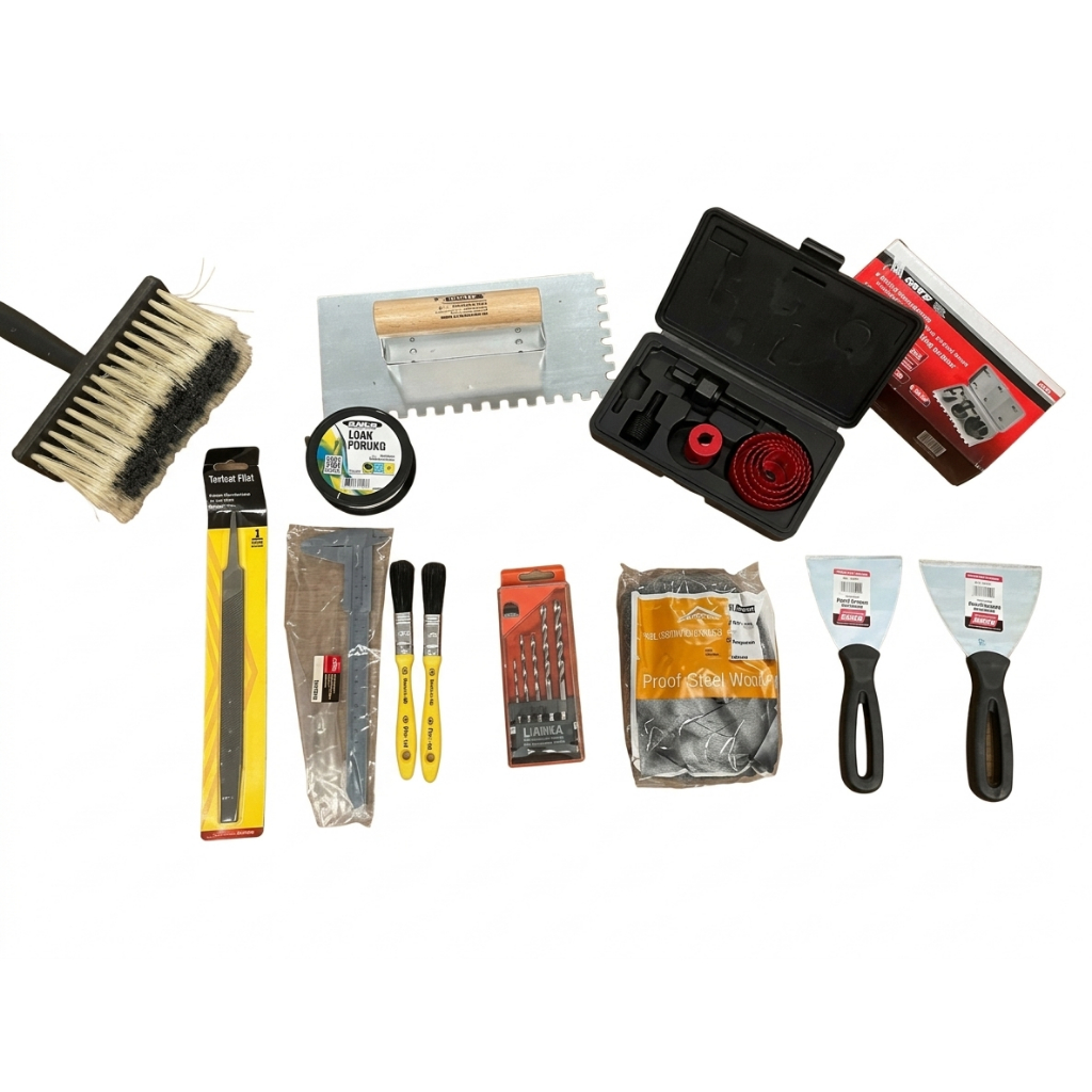 Kit ferramentas 12 peças |  Trincha + Linha de pedreiro +  Espátula + Broca + Prego