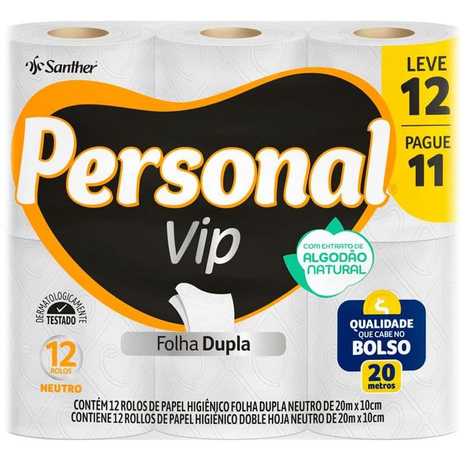 Papel Higiênico Personal Vip Folha Dupla Neutro 12 Rolos 20 metros x 10cm