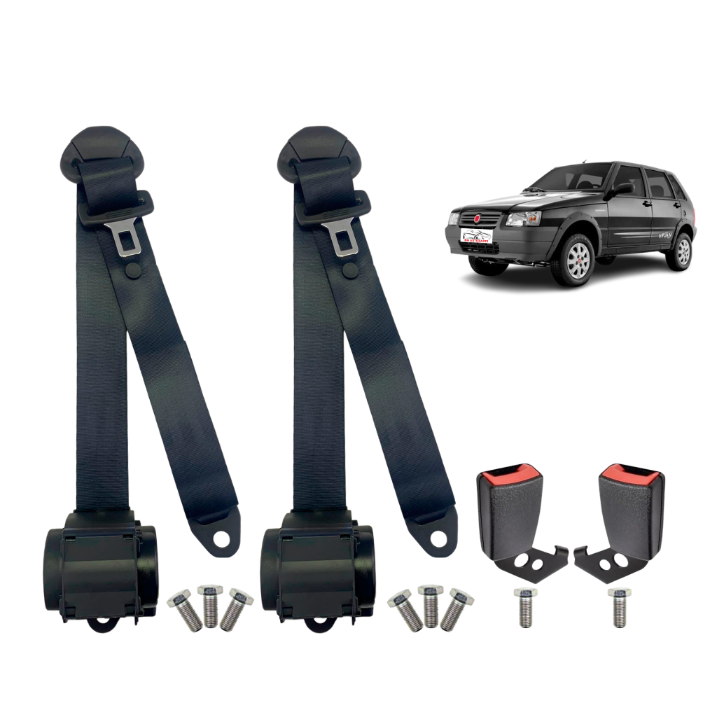 Kit 2 Cinto De Segurança Uno Fiat Retrátil 3 Pontos Com Fecho Fêmea Trava Jogo Dianteiro Parafuso
