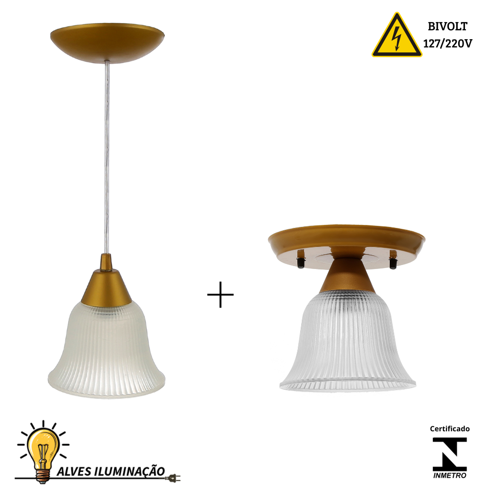 Kit 1 Plafon Sino e 1 Pendente Sino para 1 Lâmpada Cúpula Cristal de Sobrepor o Teto Soquete E27 Bivolt Completo