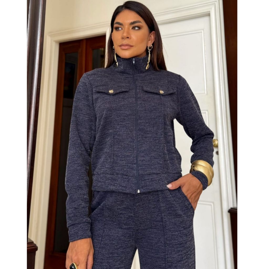 Conjunto Feminino Inverno Chic Calça Pantalona + Blusa Manga Longa Com Zíper Malha Ribi M/ G