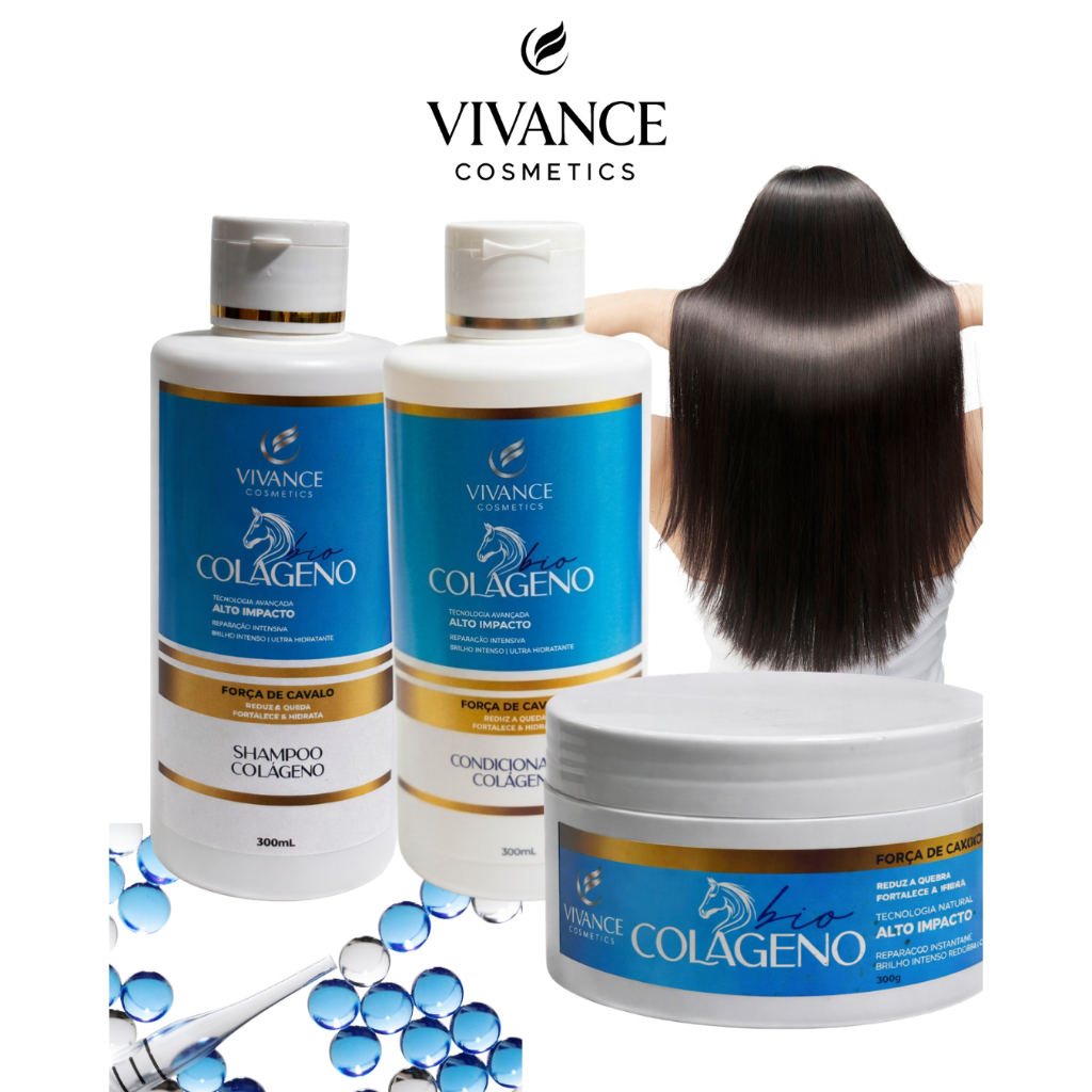 KIT CRESCIMENTO FORÇA DE CAVALO + COLÁGENO SHAMPOO + CONDICONADOR + MÁSCARA 300ML VIVANCE COSMETICS
