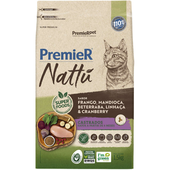 Ração PremieR Pet Nattú Gatos Castrados A Partir de 6 Meses Sabor Frango E Mandioca 1,5kg