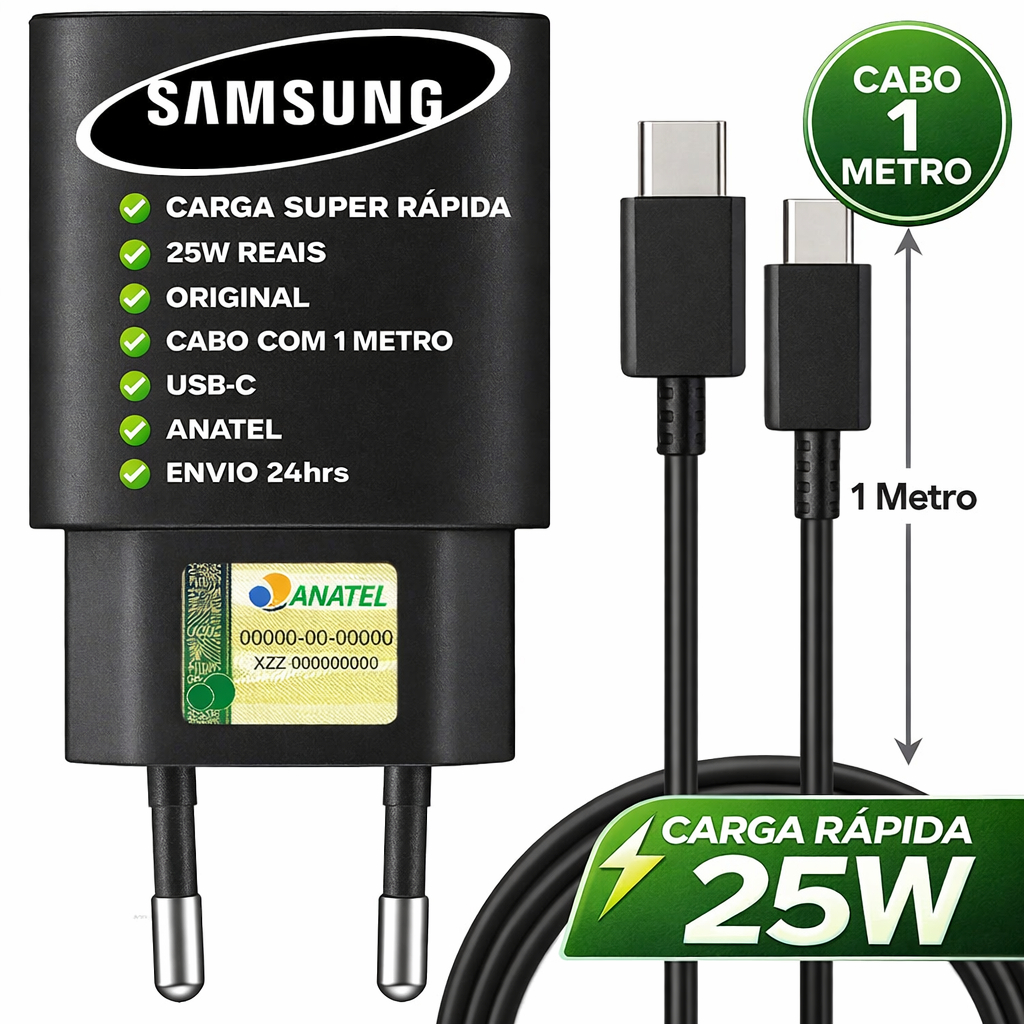 Carregador Samsung 25w Super Turbo S26 S25 S24 S23 S22 S21 S20 S20fe