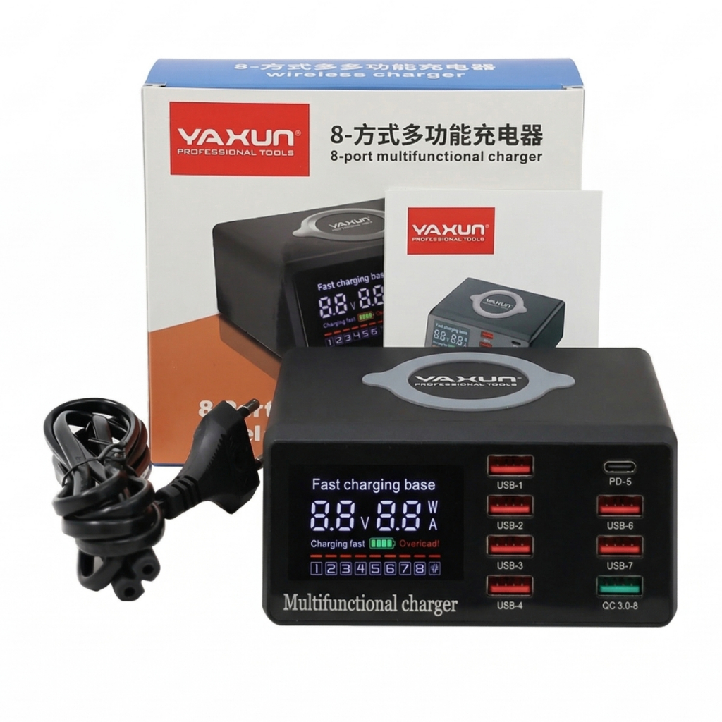 Estação de Carregamento Yaxun Carregador Entrada USB 8 Portas e Indução YX-X9 Medidor Voltagem