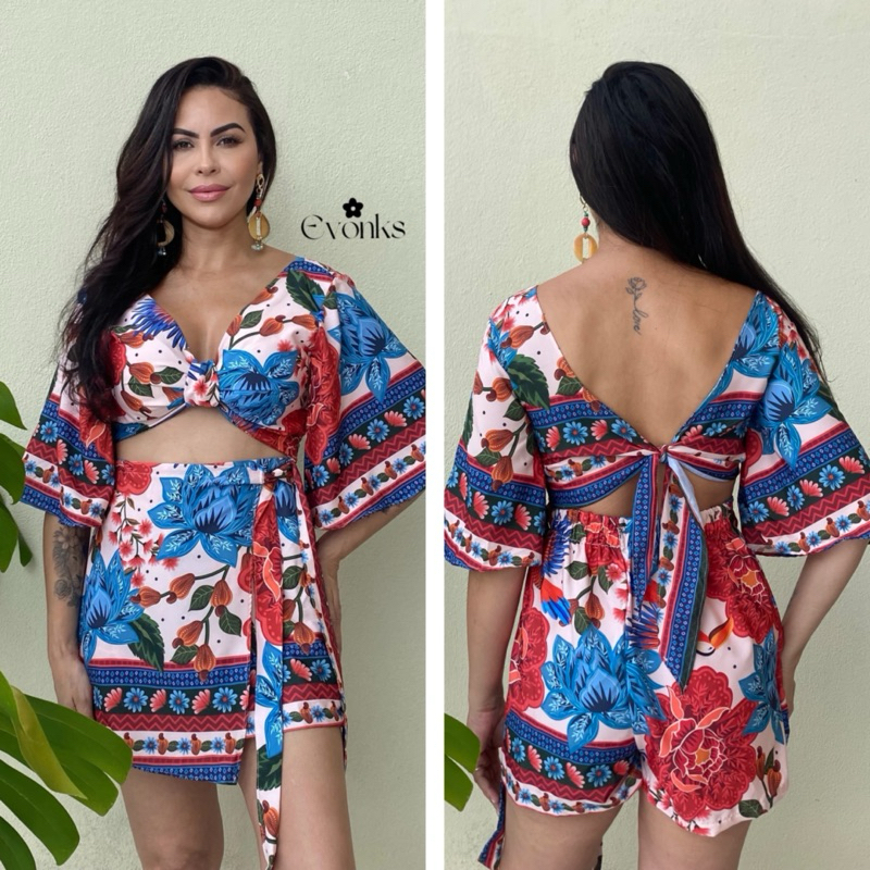 Conjunto Feminino Cropped Manga Princesa e  Short Saia Estampa Floral Tropical