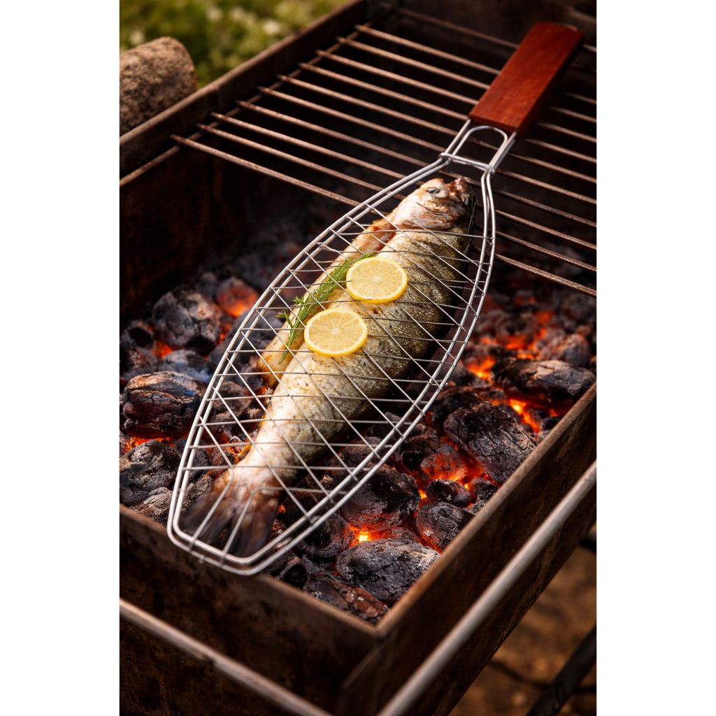 Grelha Para Peixe Inox com Cabo de Madeira | Ideal para Churrasco, Peixe Inteiro, Fácil de Virar