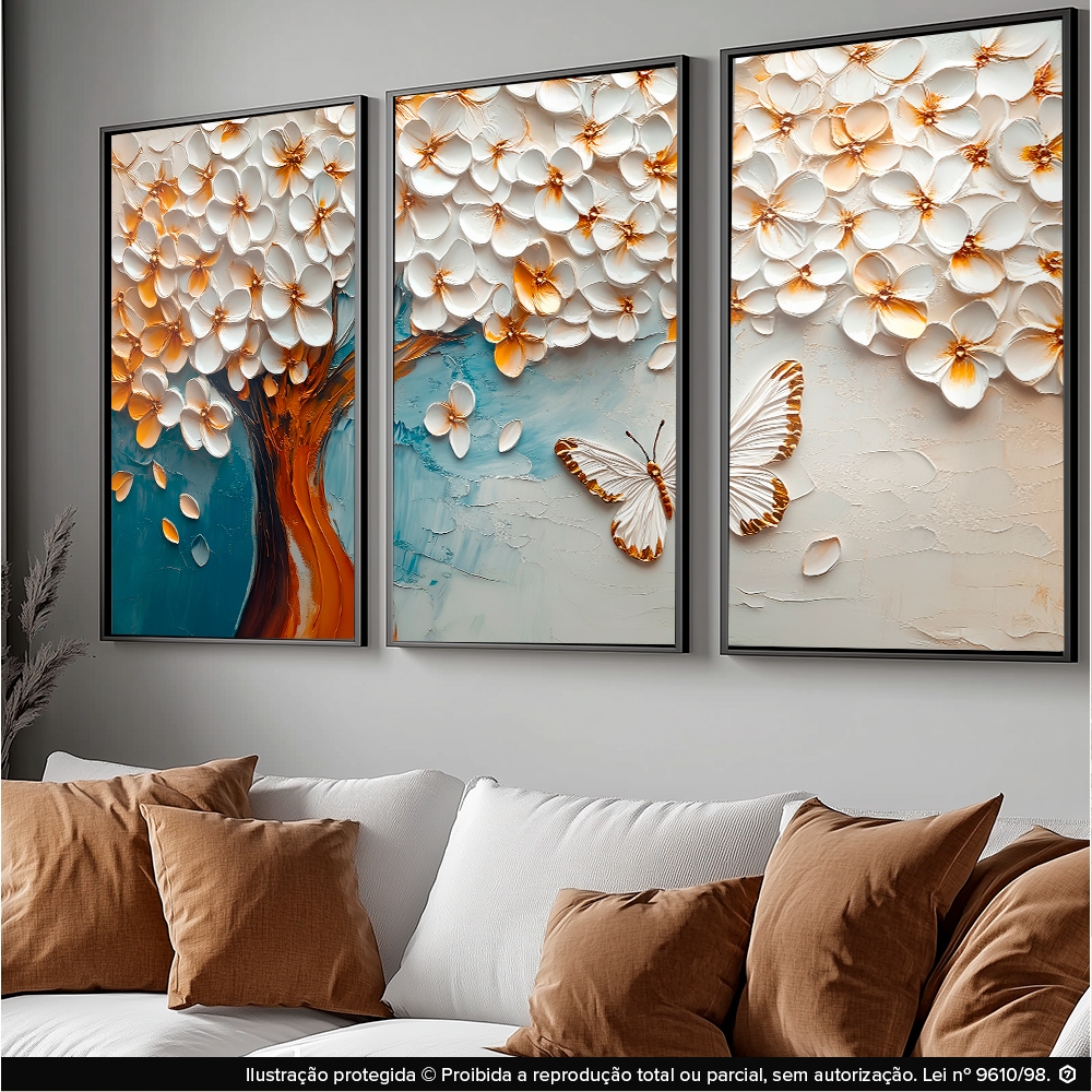 Quadro Decorativo Árvore Floral Branca – Estilo Luxo Azul Turquesa e Dourado