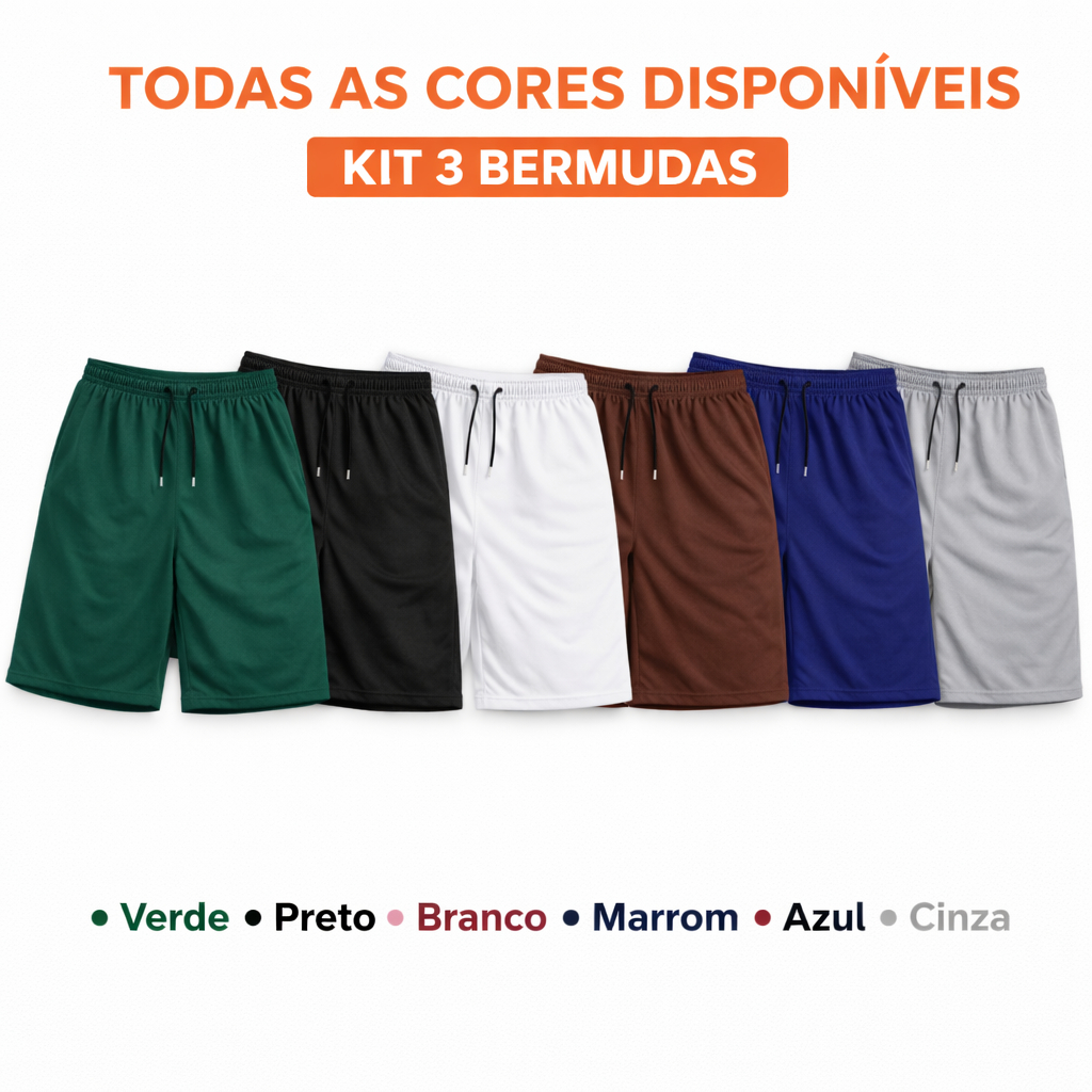Kit 3 Bermudas Masculinas Tactel com Elastano – 3 Bolsos. Lisa, Leve e Confortável