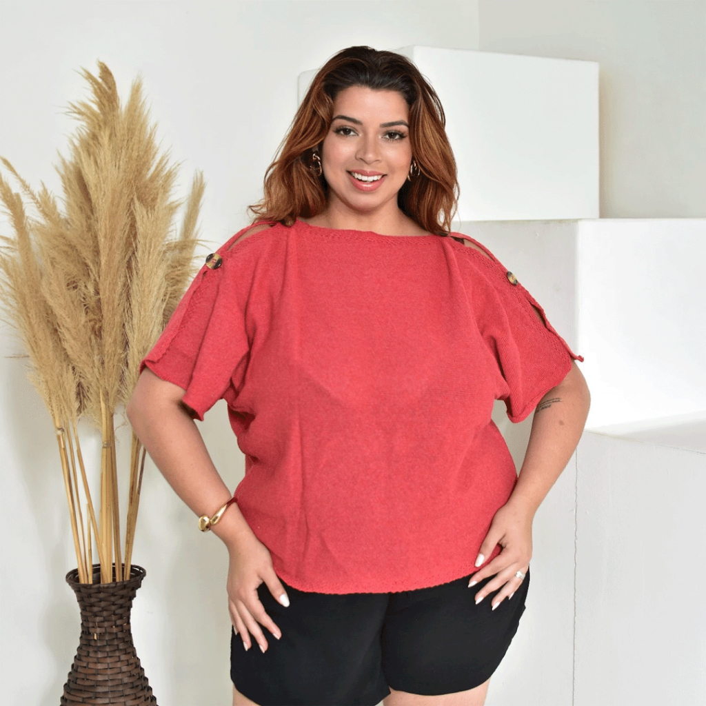 Blusa em Tricot Feminino Botões Nas Mangas Plus Size em Oferta na Shopee
