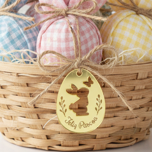 Kit Tags de Páscoa em Acrílico Dourado Rose Mdf Branco Embalagem Ovo, Cestas, Confeitaria, Decoração