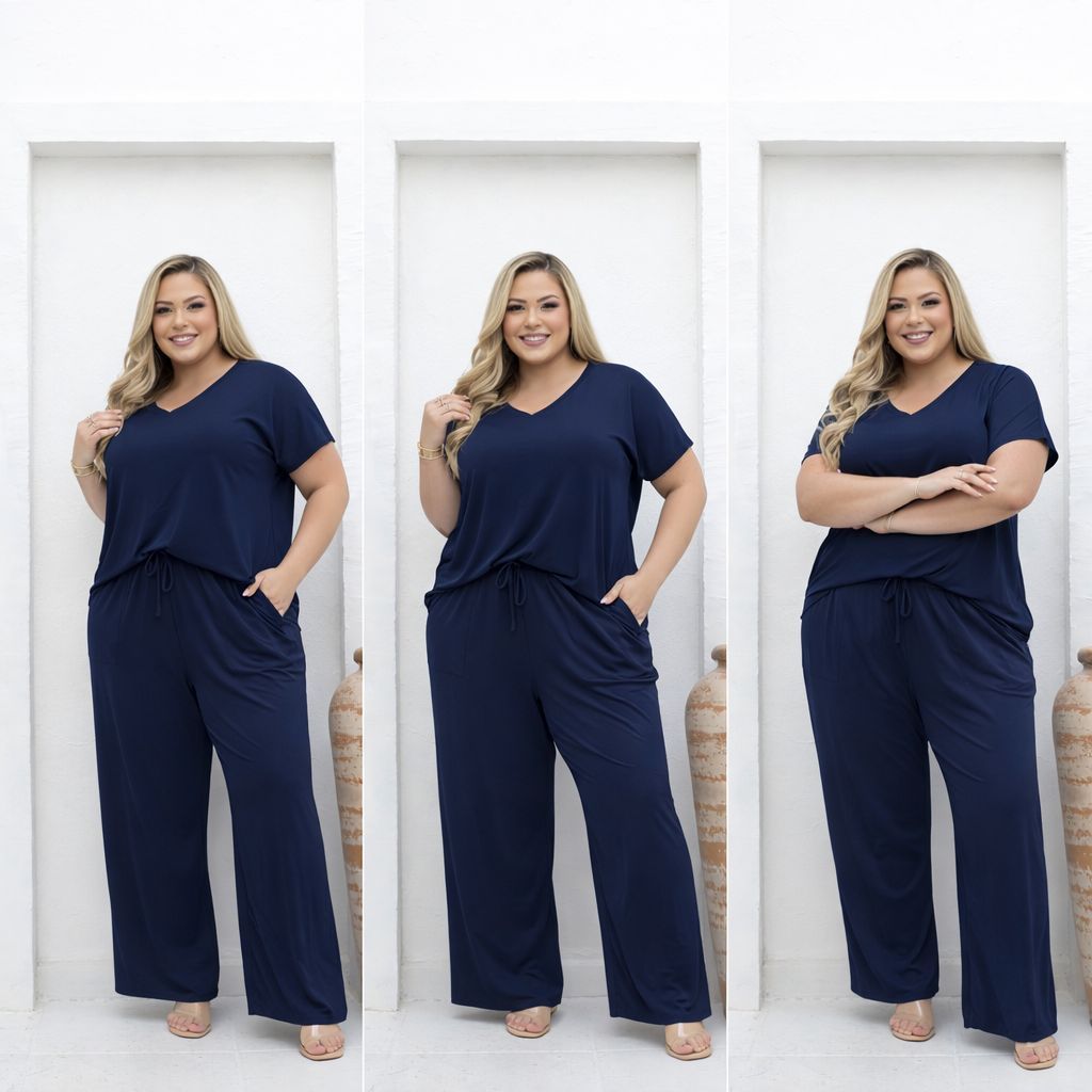 Conjunto Feminino Em Malha Plus Size Calça Pantalona E Blusa Decote V em Oferta na Shopee