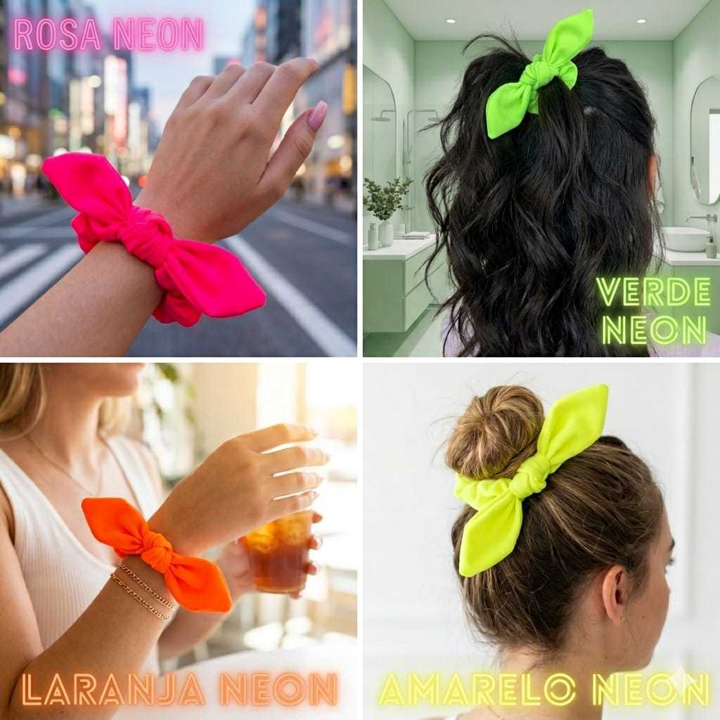 Scrunchie Neon, Fluorescente, Elástico, Rabicó, Xuxinha De Cabelo E Pulseira