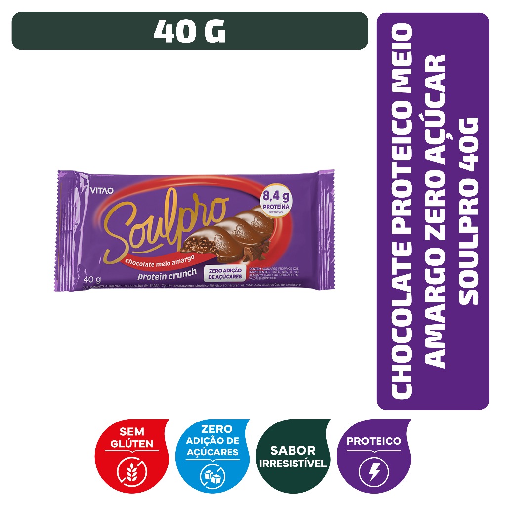 Imagem Chocolate Proteico Meio Amargo Zero Açúcar Soulpro 40 g