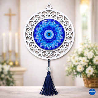 Adorno Olho Grego MDF Resinado 26cm Parede Porta Com Pompom Branco Marrom em Oferta na Shopee