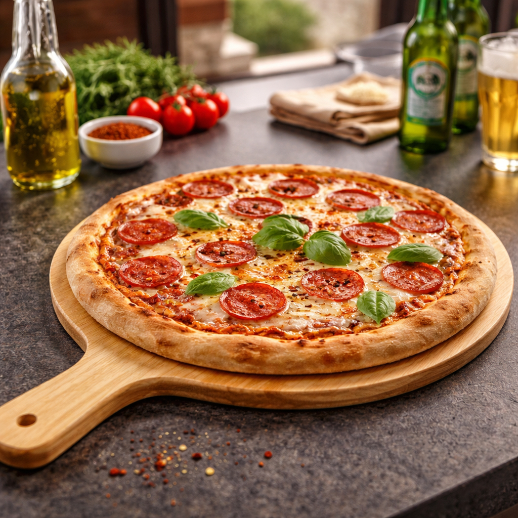 Tábua de Pizza Redonda Petisqueira Com Cabo em Madeira 35cm Decoração Mesa Pizzaria Restaurante
