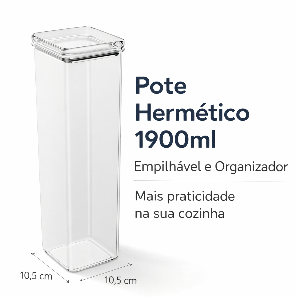 Pote Hermético Acrílico 1900ml Quadrado Empilhável Organizador Cozinha Transparente 30cm