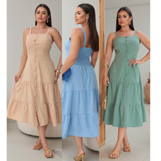 Vestido  Midi FEMININO com Botões que abre na frente Moda VERÃO Tecido de alta qualidade Vestido tendencia em Oferta na Shopee