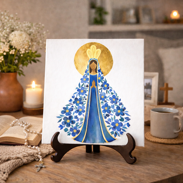 Quadro Decorativo Nossa Senhora Aparecida com Suporte Expositor MDF 20x20cm Presente Católico