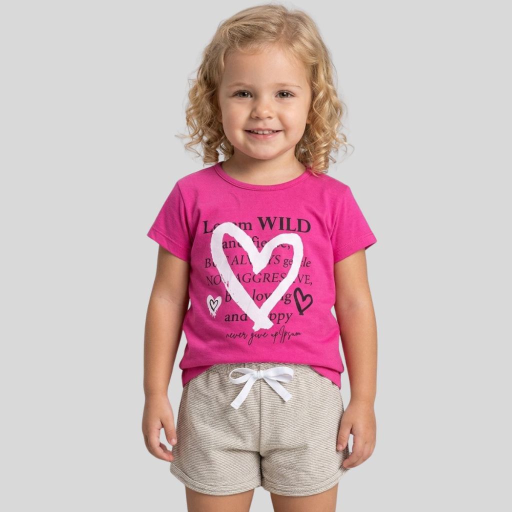 Conjunto Curto Infantil de Verão para Menina Blusa e Shorts Moletinho listrado Coração