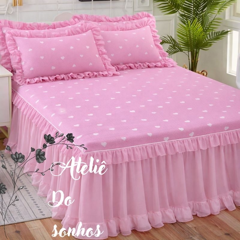 Lençol de Cima Duda com Babado QUEEN Colcha com voil babado enxoval decoração para cama