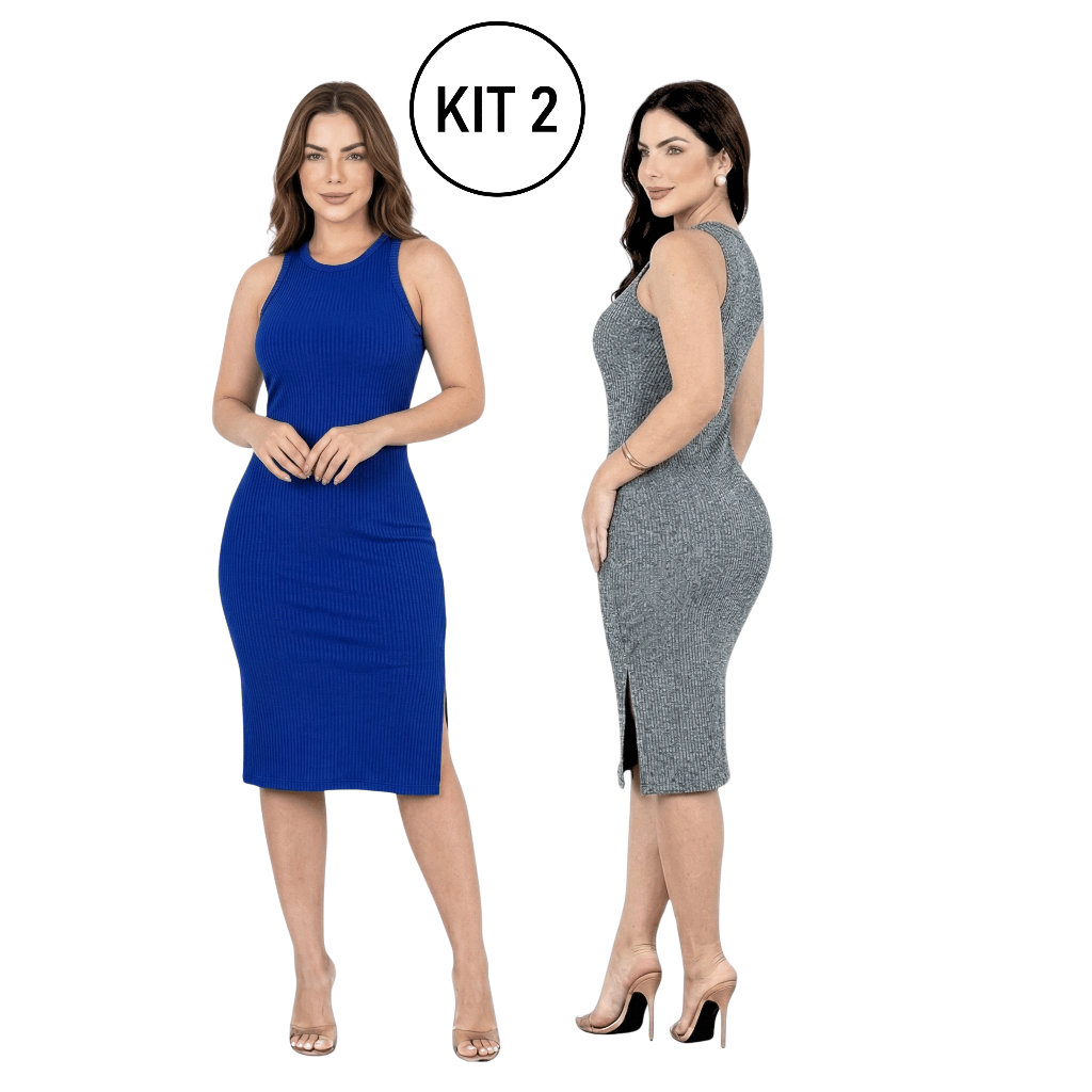 Kit 2 Vestido Midi Feminino em Canelado Regata com Fenda Lateral Look Moderno Confortável Elegante Casual Versátil