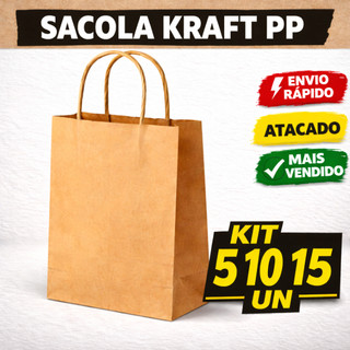 Sacola Kraft PP 18x12x7cm Kit 5 10 15un | Papel Natural Resistente Ecologico Embalagem Para Presente Loja