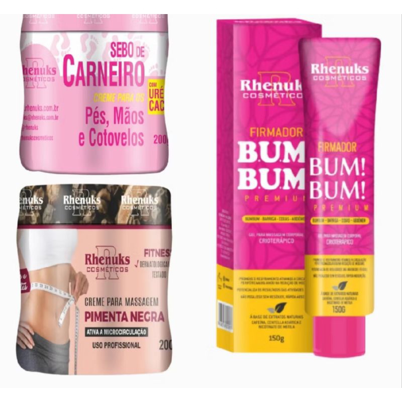 Kit com Sebo de Carneiro + Creme paraMassagem Pimenta Negra + Firmador Bum Bum - Rhenuks