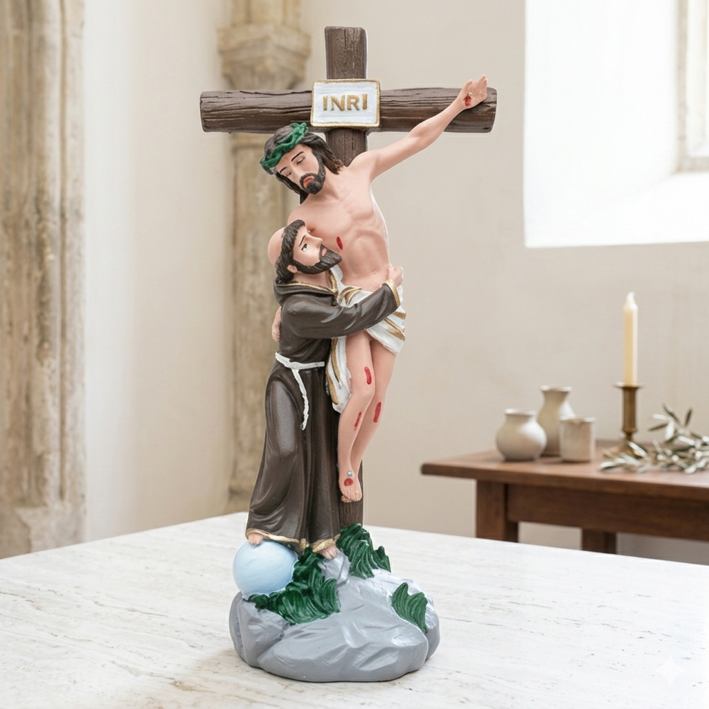 Imagem Cristo Crucificado com São Francisco de Assis 19,5cm Resina Decoração Religiosa Altar Presente Fé